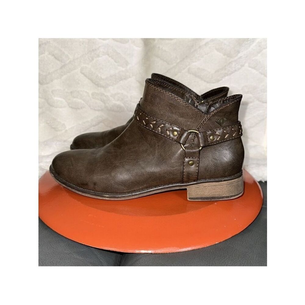 ROXY 9 Brown Faux Leather Embroidered Ankle Zip Saddle Boots - Picture 2 of 15